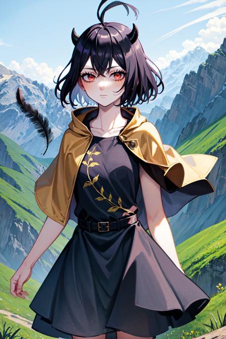 31516-1714082201-secre swallowtail, 1girl, solo, dress, capelet, black dress, feathers, black capelet, looking at viewer, collarbone, black feath.png
